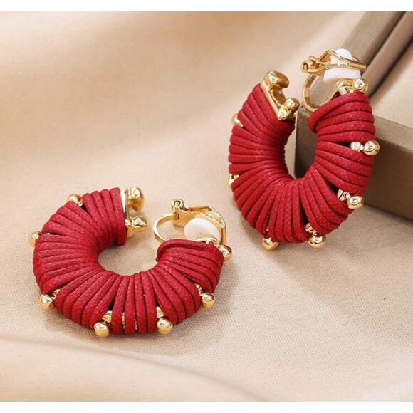 Clip on 1" gold ball edge and red leather wrapped hoop earrings - Picture 1 of 4